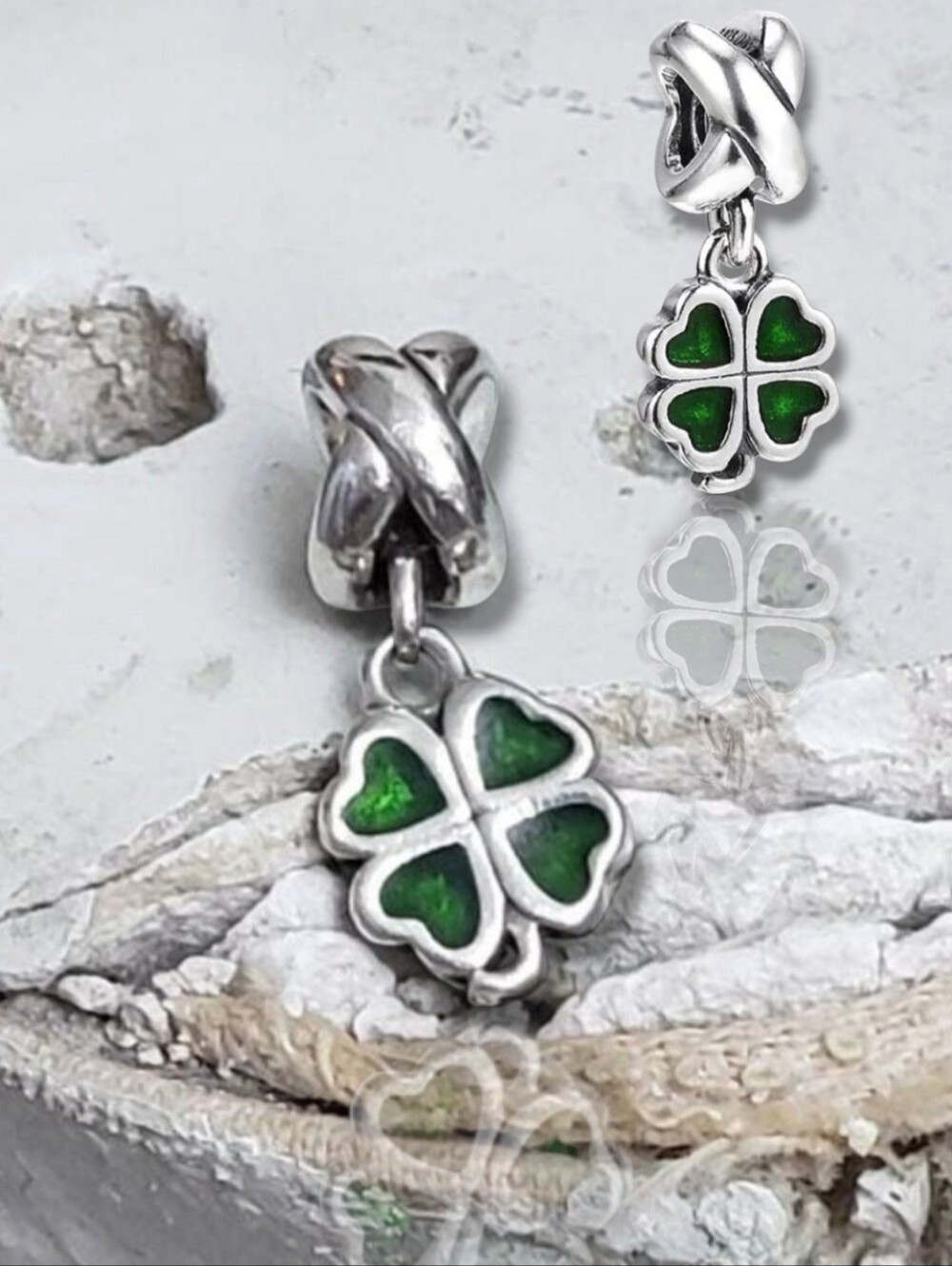 Pandora Sterling Silver Dark Green Enamel Four-Leaf Clover Dangle Charm
